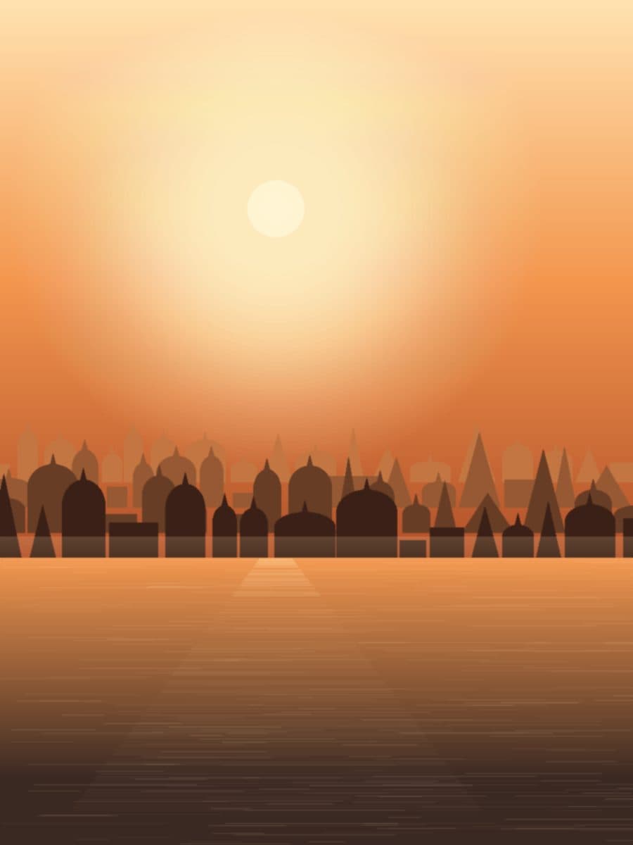 A pilgrim walking the stone ghats of the Sarayu at sunrise, with Ayodhya's temple spires behind